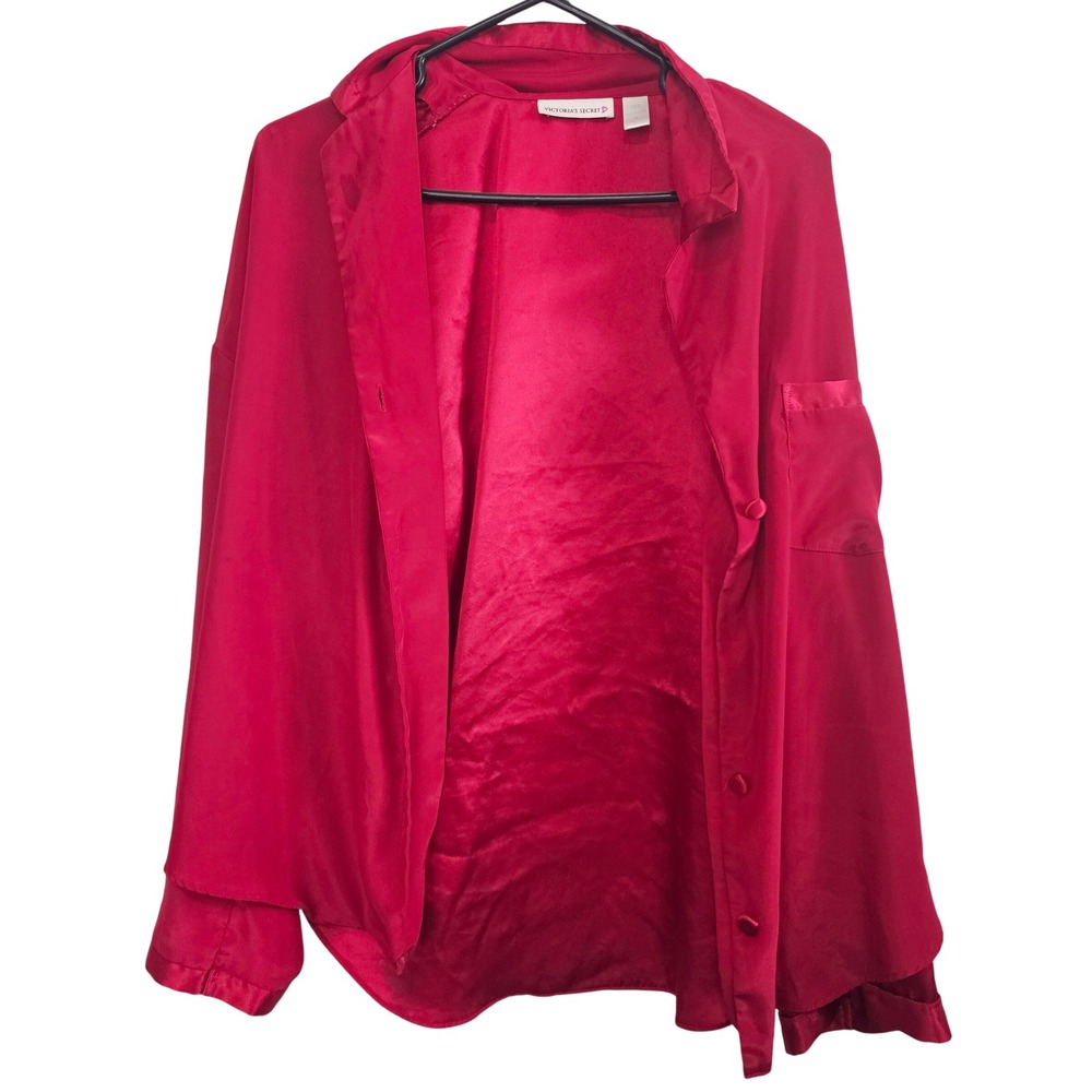 Victoria's Secret Red Satin Pajama Top Long Sleeve Button Down Shirt Medium